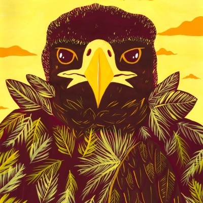 Ilustração de águia com folhas verdes e amarelas, fundo amarelo com nuvens laranjas