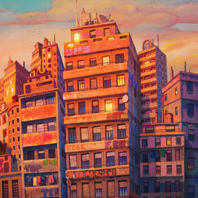 Edifícios urbanos ilustrados com grafites e céu colorido ao fundo