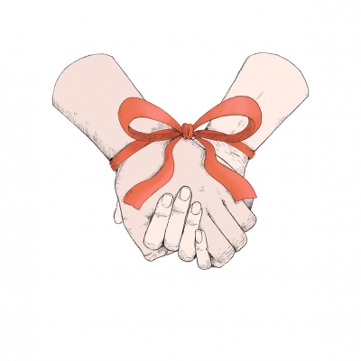 Duas mãos entrelaçadas amarradas por uma fita vermelha com um laço, fundo branco