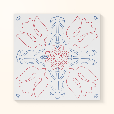 Azulejo quadrado com padrão floral e pássaros em vermelho e azul