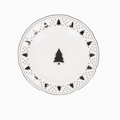 Prato branco com decoração de árvores de Natal pretas