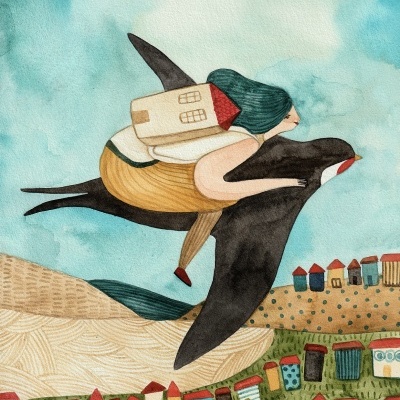 Mulher a voar numa ave preta gigante com casa às costas sobre aldeia colorida