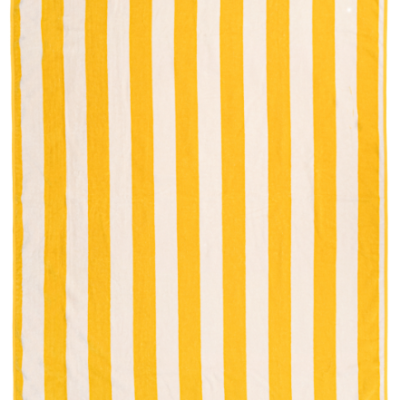 Toalha retangular às riscas amarelas e brancas com etiquetas pretas.