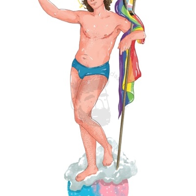 Ilustração de homem com bandeira arco-íris e cueca azul sobre nuvem colorida