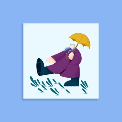 Ilustração de uma pessoa com guarda-chuva amarelo e casaco roxo