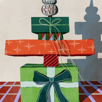 Ilustração colorida de caixas de presente empilhadas com laços e decoração no topo
