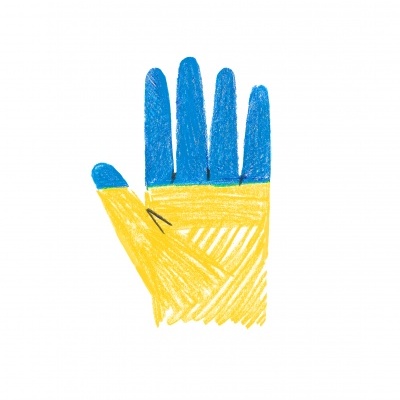 Desenho de uma luva amarela com dedos azuis em fundo branco