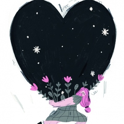 Ilustração de mulher carregando coração preto com flores e estrelas