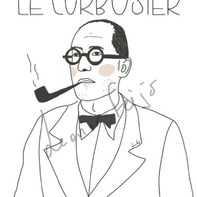 Desenho a preto e branco de homem de fato com cachimbo e óculos, texto LE CORBUSIER acima.