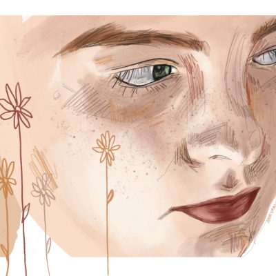 Ilustração de rosto feminino com flores ao redor e fundo bege