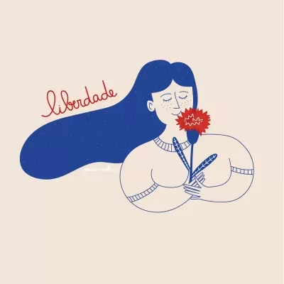 Desenho de mulher com cabelo azul a cheirar uma flor vermelha