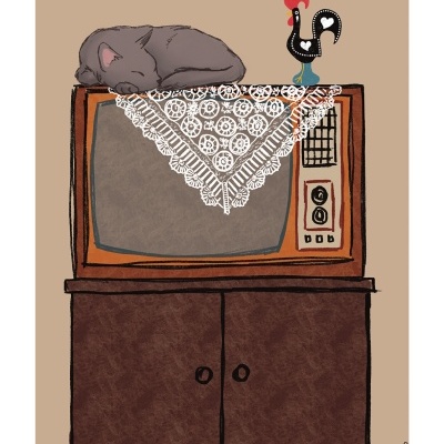 desenho de televisão antiga com gato em cima e galo decorativo