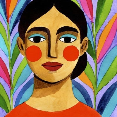Pintura estilizada de mulher com bochechas vermelhas e folhas coloridas ao fundo