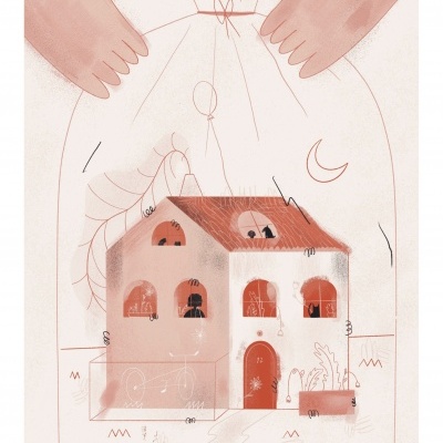 Ilustração de uma casa dentro de um saco transparente com mãos segurando o saco