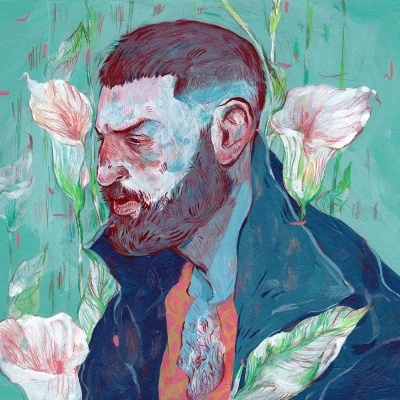 Ilustração de homem com barba e casaco azul rodeado por flores brancas