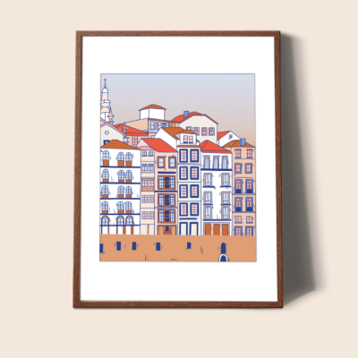 Quadro ilustrativo de edifícios com moldura de madeira