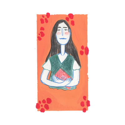 Desenho de jovem a segurar livro com fundo laranja e manchas vermelhas