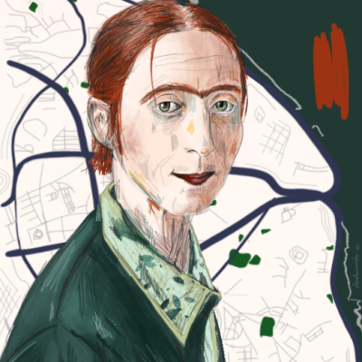 Ilustração digital de pessoa com cabelo ruivo e casaco verde sobre fundo de mapa estilizado