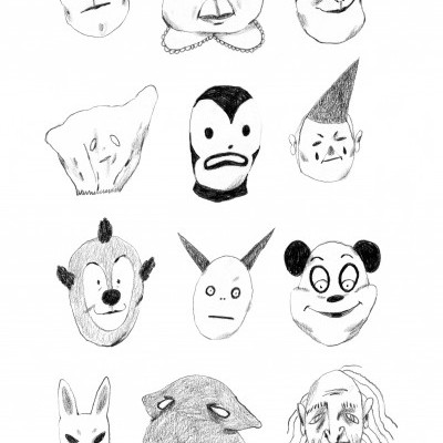 Desenho a lápis de máscaras vintage de Halloween em preto e branco