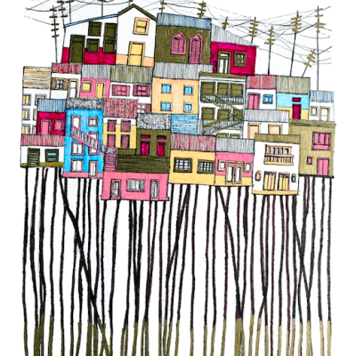 Desenho de casas coloridas empilhadas sobre pilares finos