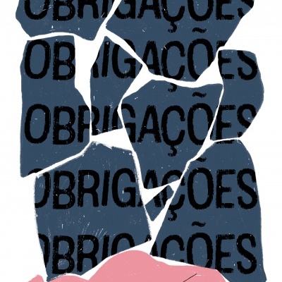 Ilustração de peças azuis com palavra OBRIGAÇÕES e figura humana rosa deitada