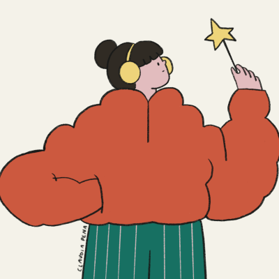 Ilustração de pessoa com casaco vermelho, saia verde e headphones amarelos