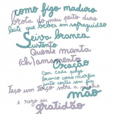 Texto manuscrito em azul e lilás sobre fundo branco