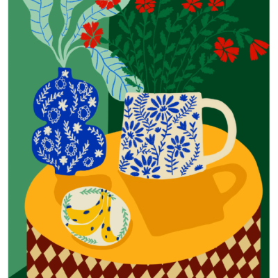 Ilustração de vasos com plantas e flores decorativas sobre mesa amarela e toalha xadrez marrom e bege.