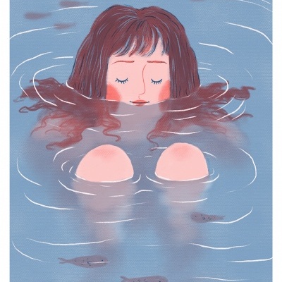 Ilustração de pessoa com cabelo castanho imersa em água azul com peixes ao redor