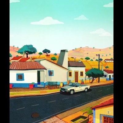 Rua rural com casas coloridas e carrinha branca