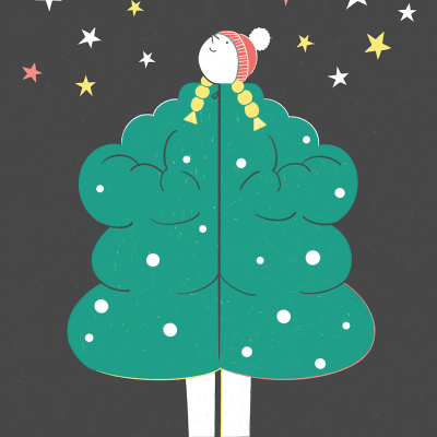 Ilustração de pessoa com casaco verde volumoso e botas cor de rosa com estrelas no fundo