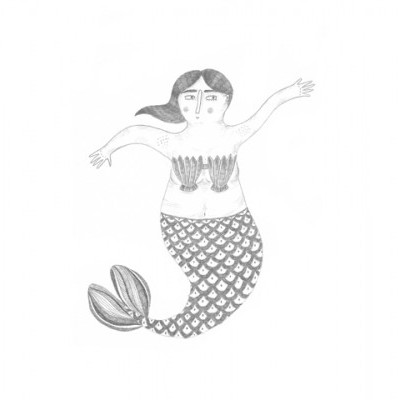 Desenho a cinzento de uma sereia com conchas no peito e cauda com escamas.