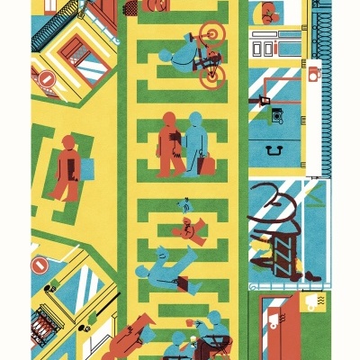 Ilustração colorida de pessoas em várias actividades numa rua e edifícios ao redor.