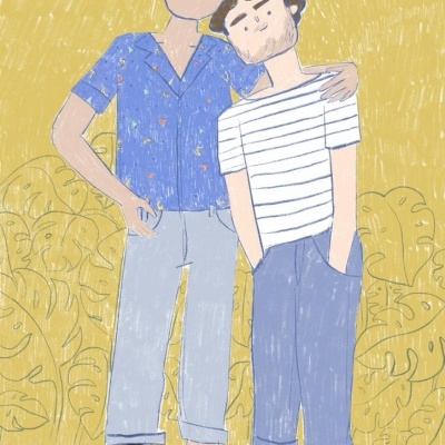 Ilustração de dois homens com roupas casuais em fundo amarelo com plantas.