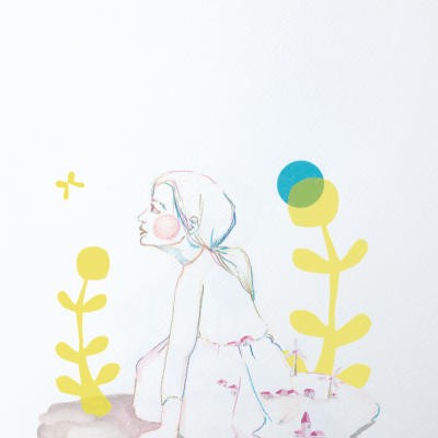 Ilustração de rapariga com vestido branco e plantas amarelas estilizadas