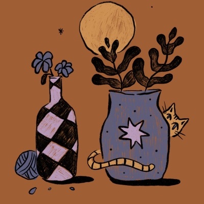 Ilustração de vasos com plantas, bola de lã e gato amarelo