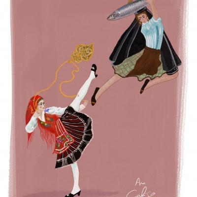 Ilustração de duas mulheres em trajes tradicionais com um peixe grande e fundo rosa