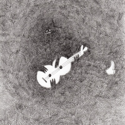 Desenho a preto e branco de violino com rostos e mãos no centro e sapatos brancos separadamente