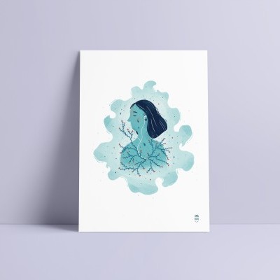Cartaz artístico com ilustração de mulher em azul e preto sobre fundo branco