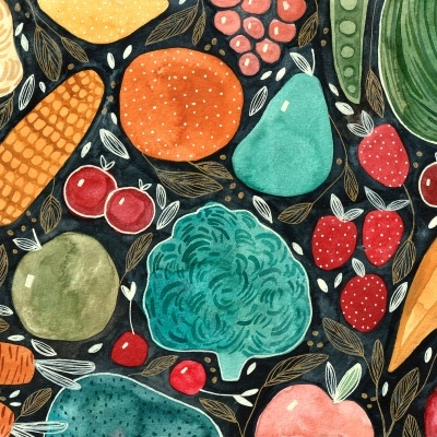 Padrão colorido de frutas e vegetais pintados em aquarela