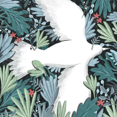 Pomba branca estilizada voando entre folhas coloridas