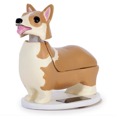 Figura decorativa de cão Corgi em cerâmica bege e branca com base branca