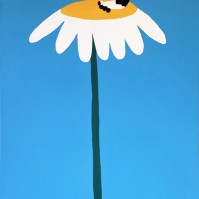 Uma ilustração de flor grande e personagem no topo
