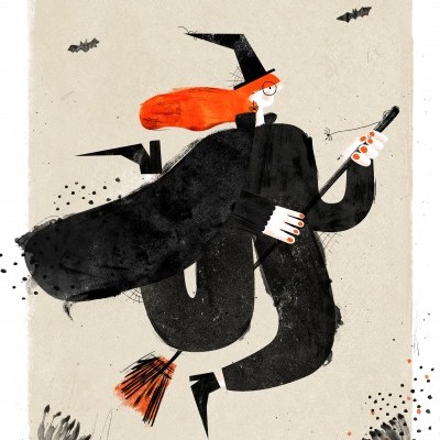 Ilustração de bruxa com cabelo laranja e roupa preta a voar numa vassoura