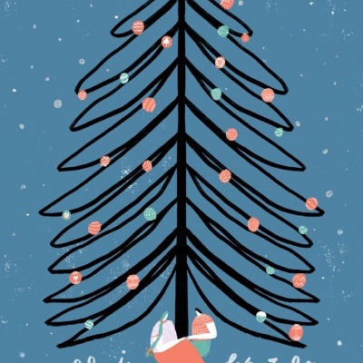 Ilustração de árvore de Natal com bolas coloridas, estrela no topo, raposa e texto