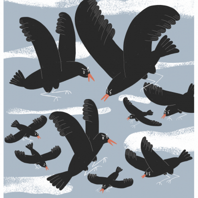 Ilustração de corvos negros voando num céu azul claro com nuvens brancas