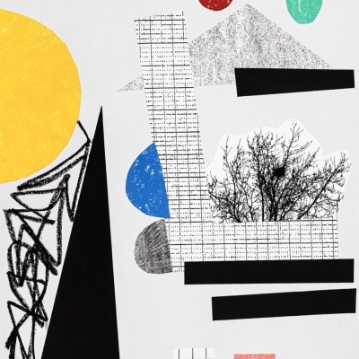 Ilustração abstrata com formas geométricas e texturas variadas em várias cores