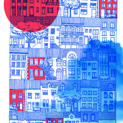 Desenho artístico de fachadas de casas com manchas vermelhas e azuis.