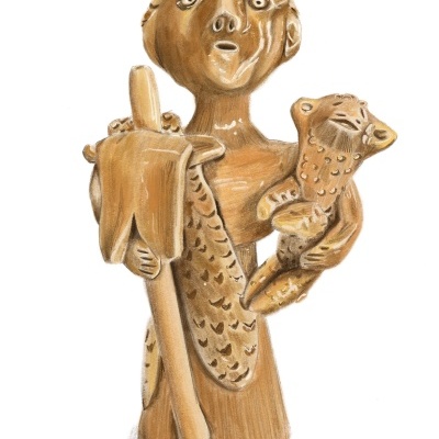 Escultura de barro de figura humana segurando bastão e animal