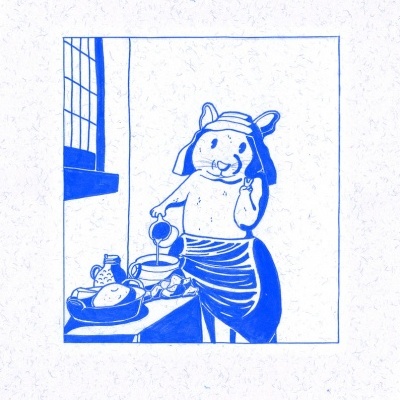 Desenho azul e branco de rato na cozinha